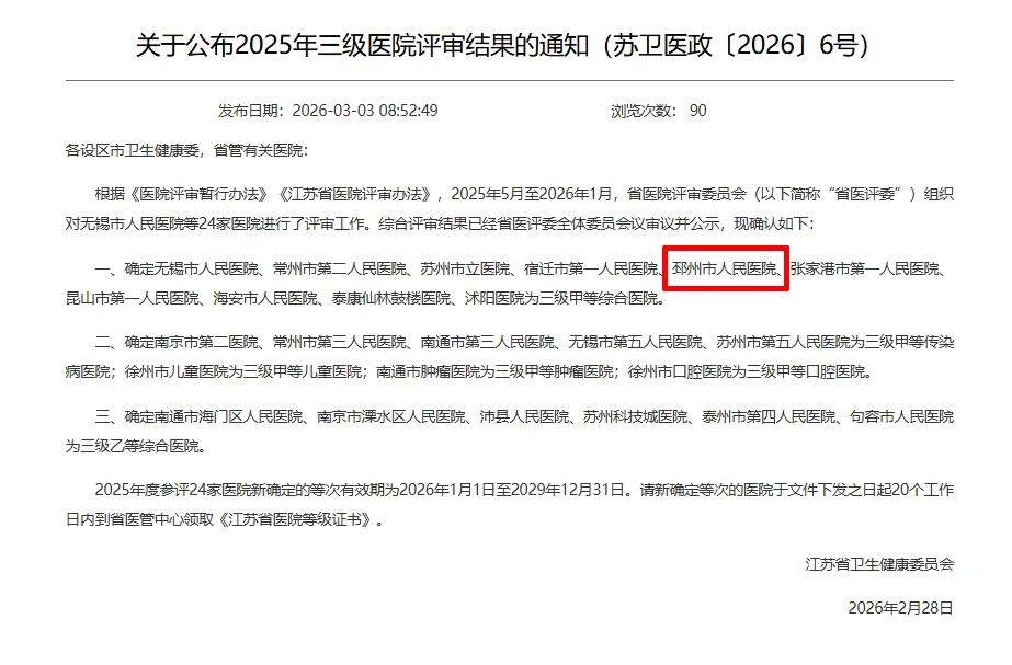 邳州市人民医院顺利通过＂三甲＂复评，“三甲”品牌得到巩固、提升